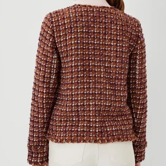 Ann Taylor Brown Cherrywood Fringe button-up Tweed Blazer/Jacket - Picture 2 of 9